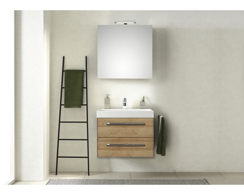 PELIPAL Badkamermeubelset Milano met spiegel en wastafel 70 cm riviera eiken Badkamer met wastafelonderkast, spiegel, handdoekladder en accessoires.