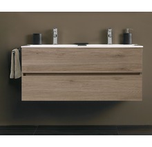 Dubbele wastafel met onderkast en twee laden in de badkamer