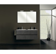 Moderne badkamer met wastafelonderkast, spiegelkast en decoratie.