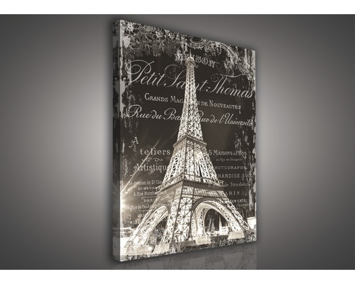Canvas schilderij met de Eiffeltoren en belettering in vintage stijl