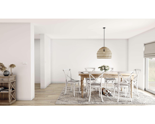 Lichte eetkamer met houten tafel, stoelen, vloerkleed en hanglamp