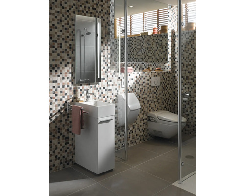 Moderne badkamer met mozaïektegels, wastafel, spiegelkast en douchecabine