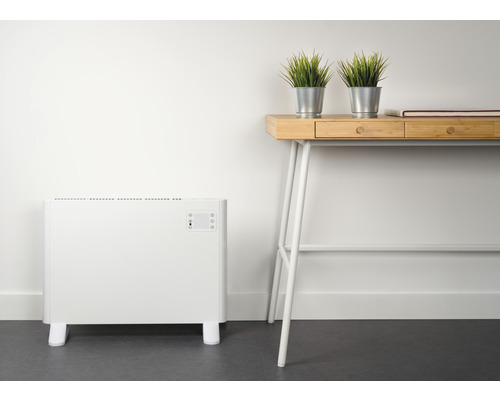 Witte radiator naast bureau met decoratie