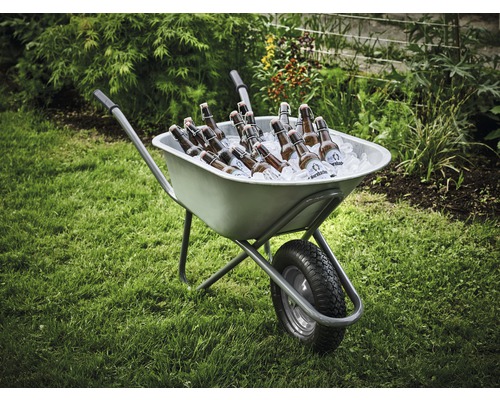 Kruiwagen gevuld met ijs en bierflesjes in de tuin.