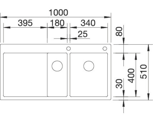 Tekening van een spoelbak met afmetingen