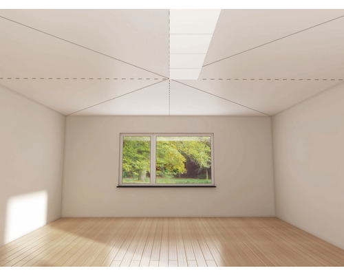 Lichte kamer met dakraam, houten vloer en raam met uitzicht op groen.