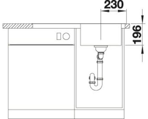 Technische tekening van een spoelbak met maatvoering