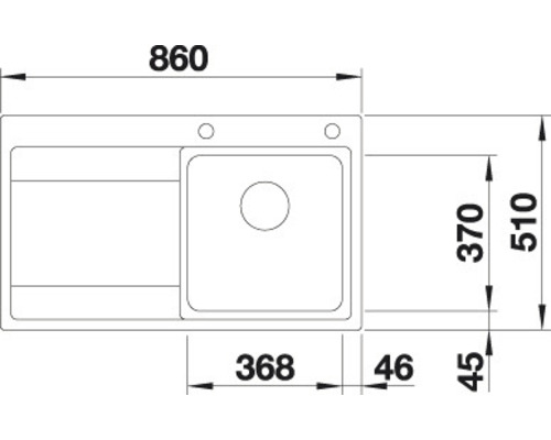 Tekening van een spoelbak met afmetingen