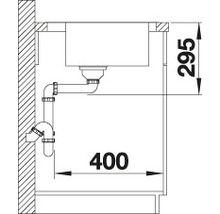 Technische tekening van een gootsteen met afmetingen van 400 en 295 mm