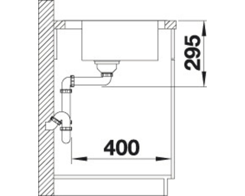 Technische tekening van een gootsteen met afmetingen van 400 en 295 mm