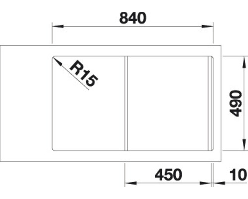 Technische tekening van een spoelbak met afmetingen 840 x 490 mm