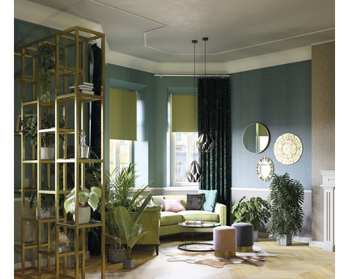 Woonkamer met bank, rolgordijnen, decoratie en planten