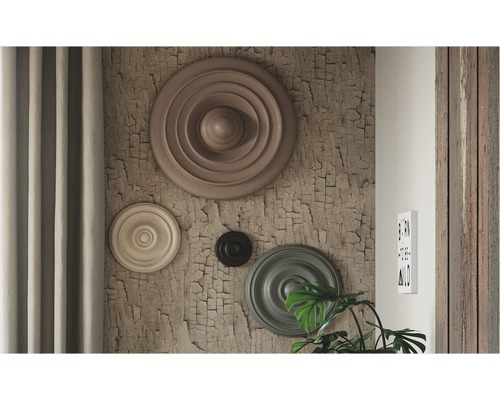 Woonkamer met stucrozetten op een muur met een gebarsten oppervlak