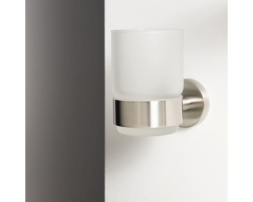 Wandgemonteerde tandenborstelbekerhouder van roestvrij staal met glas