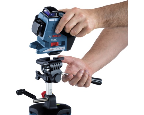 Bosch logo. 3-lijns laser met statief wordt opgebouwd.