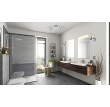 Moderne badkamer met douche, dubbele wastafel en verlichting