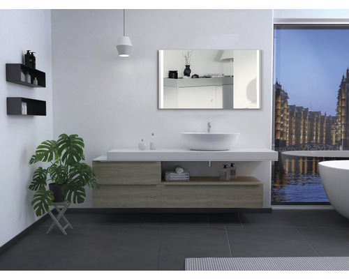 Moderne badkamer met wastafel, spiegel, bad en plant