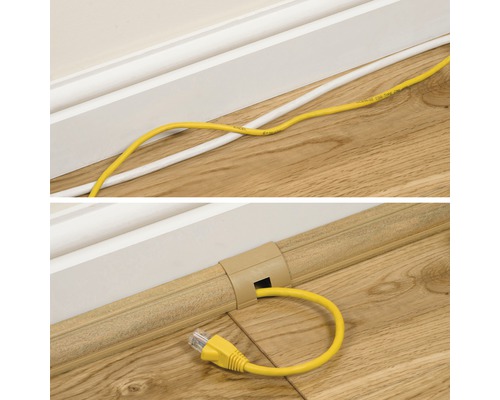 Weergave van een gele kabel, die ofwel los over de vloer loopt of in een kabelgoot is gelegd.