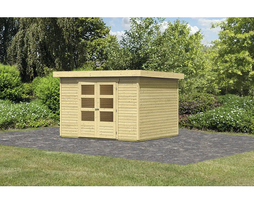 Houten tuinhuis met dubbele deur en ramen