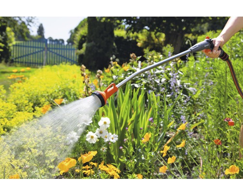 Tuinbesproeiing met een tuindouche in een bloeiende tuin
