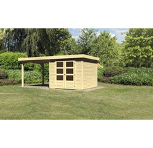 Houten tuinhuis met afdak in de tuin