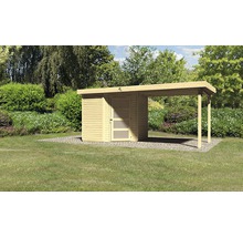 Houten tuinhuis met carport in de tuin