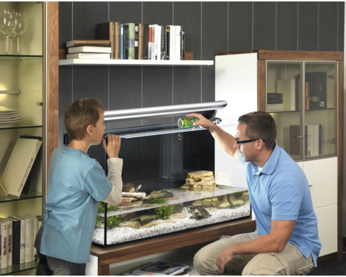 Aquarium met twee schildpadden, man en kind voeren de dieren in een lichte woonomgeving.