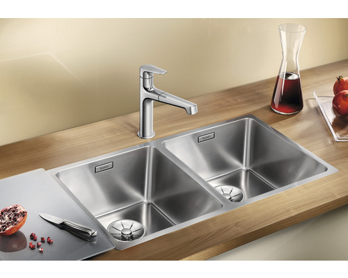 Roestvrijstalen spoelbak met twee bakken en kraan op een werkblad