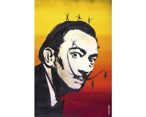 Salvador Dali portret met kleine figuren op het hoofd en gezicht