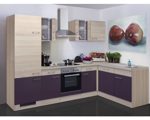 FLEX WELL Hoekkeuken met apparatuur Focus acacia en aubergine mat 280x170 cm