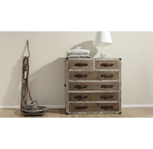 Houten commode met meerdere laden en lederen handgrepen, aangevuld met een lamp en decoratieve elementen.