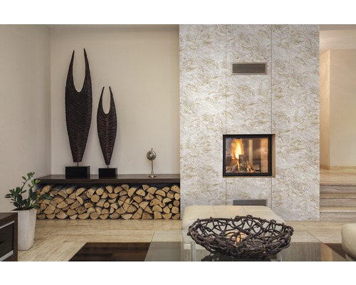 Woonkamer met open haard, houtblokken, decoratie en modern design