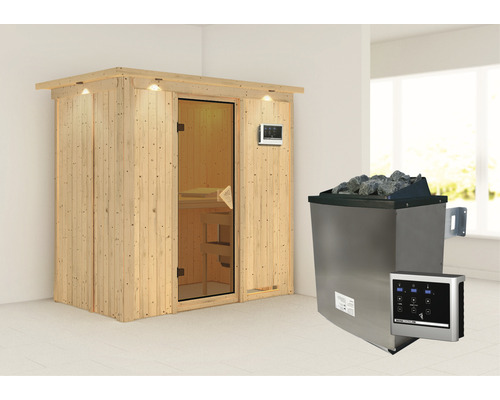 Sauna met saunakachel en bediening in de binnenruimte