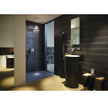 Badkamer met douche, wastafel en spiegel