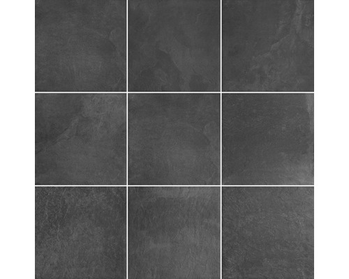 Negen vierkante leistenen tegels voor vloer- of wandbekleding.