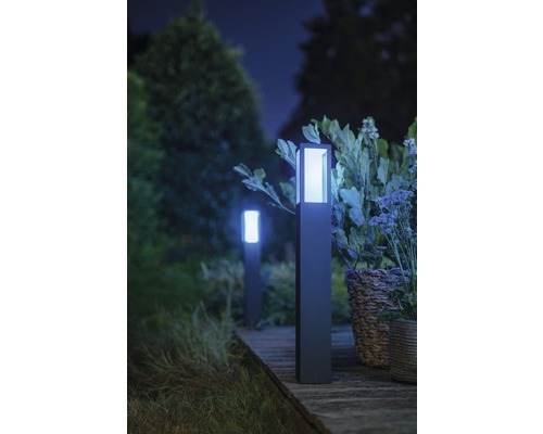 Twee metalen tuinlampen op een houten steiger verlichten 's nachts een tuin.