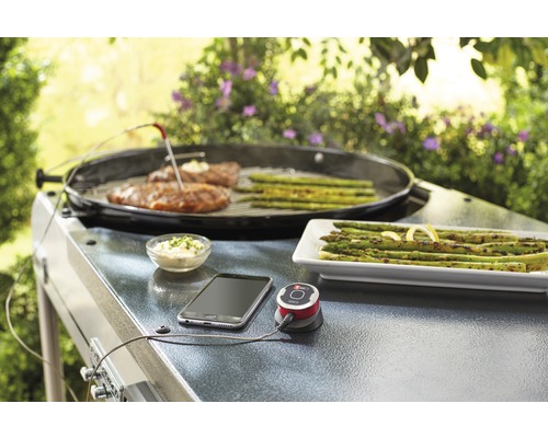 Barbecuescène met vlees, asperges, thermometer, smartphone en dipsaus