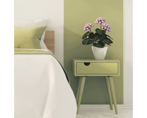 RUST-OLEUM Chalky Finish Meubelverf saliegroen 125 ml Slaapkamerinterieur met bed, nachtkastje en potplant