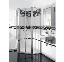 Badkamer met hoekdouche, wastafel en spiegelkast