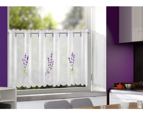 Gordijn met lavendelmotieven in keukenraam