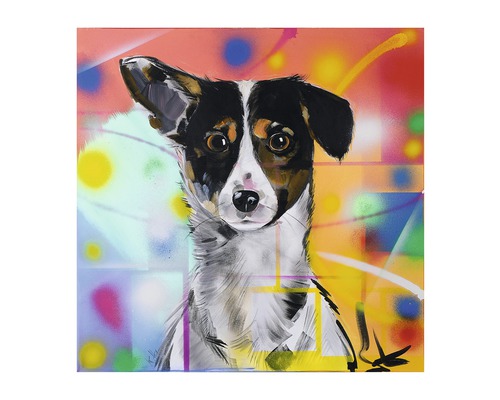 Schilderij van een hond op doek met abstracte achtergrond