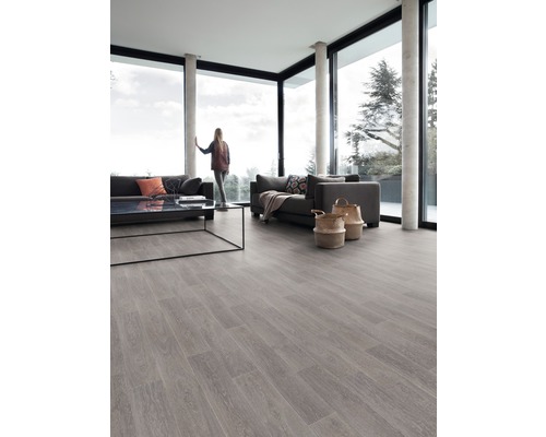 Lichte woonkamer met laminaatvloer, banken en grote ramen