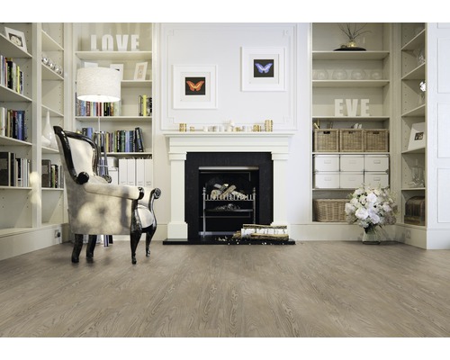 Woonkamer met boekenkasten, fauteuil en open haard op houten vloer