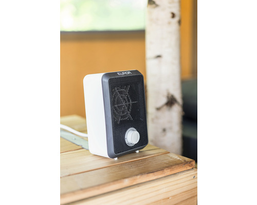 Kleine Eurom ventilator kachel op een houten tafel