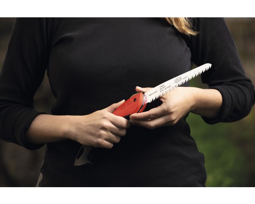 Vrouw houdt een Felco vouwzaag vast