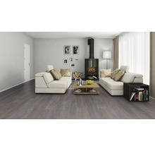 Woonkamer met grijze houten vloer, banken, open haard en decoratie