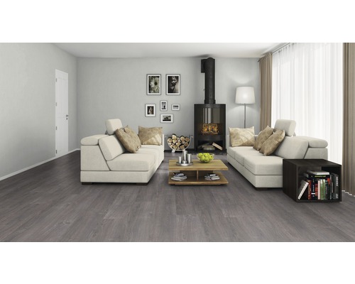 Woonkamer met grijze houten vloer, banken, open haard en decoratie