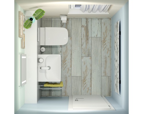 Bovenaanzicht van een badkamer met toilet, wastafel, spiegel, houten vloer en douche