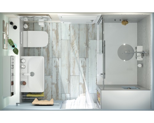 Badkamer met toilet, wastafel en douche met houten vloer