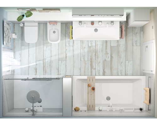 Bovenaanzicht van een badkamer met toilet, bidet, wastafel, douche en bad